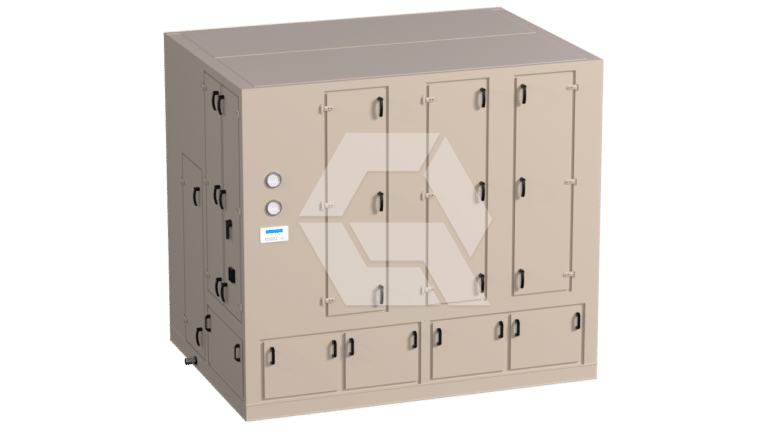 A large beige industrial HVAC unit with multiple doors, gauges, and handles is shown against a plain white background. The unit features vents and access panels on various sides for maintenance.