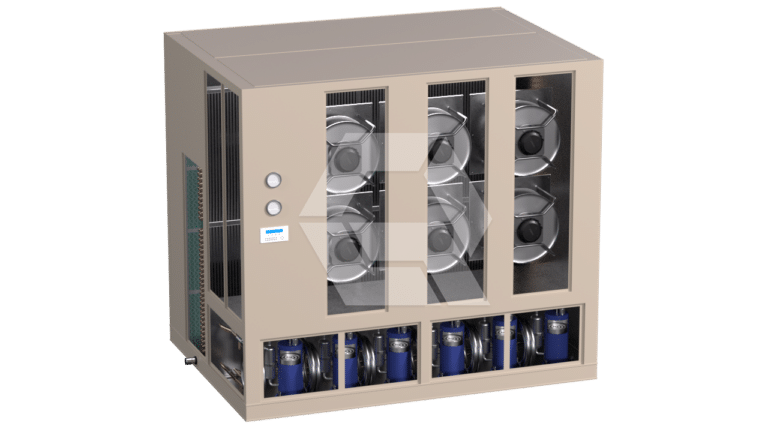 A large beige industrial HVAC unit with visible fans and compressors, featuring multiple ventilation grilles and control dials on the front panel, set against a plain white background.