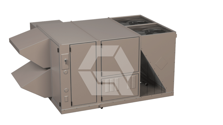 A large, rectangular, industrial HVAC rooftop unit with two angled vents on one side and visible ventilation grilles on the opposite side, against a plain white background.