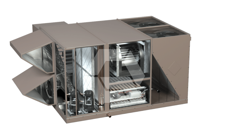 A cutaway view of a commercial HVAC rooftop unit reveals internal components such as fans, filters, coils, and ducts, showing the airflow and mechanical structure of the system.
