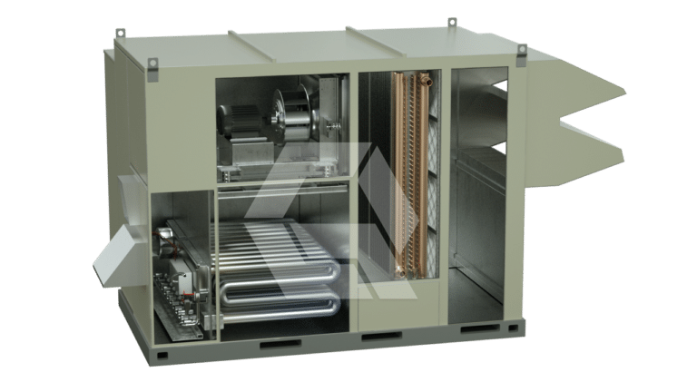 A cutaway view of an industrial HVAC unit showing internal components, including coils, fan, motor, and heat exchanger within a metal rectangular housing.