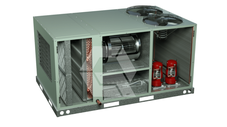 A commercial HVAC rooftop unit with its cover removed, showing internal components including fans, compressors, coils, and filters. The unit is metal with two large fans visible on the top right.