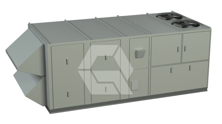 A large, rectangular industrial HVAC unit with vents, fans, and access panels, displayed on a plain white background.