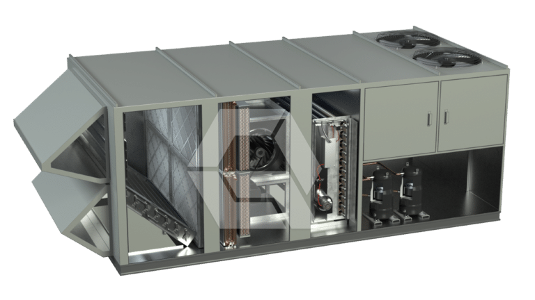 A large industrial HVAC unit with sections cut open to show internal components, including filters, coils, fans, circuit boards, and compressors. The exterior is metallic with visible vents and fan units on top.