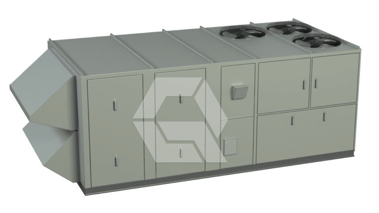 A large, rectangular industrial HVAC unit with gray metal panels, air vents, and three black fans on top, placed on a white background.