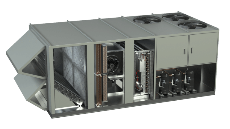 A large HVAC rooftop unit with its exterior panel partially removed, revealing internal components such as filters, coils, fans, compressors, and electrical controls. Three large fans are visible on the top of the unit.