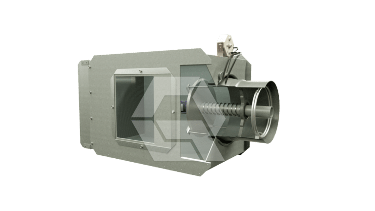A digital rendering of an industrial metallic device with angular panels, a cylindrical component extending from one end, and visible wiring attached to the top. The background is plain and light-colored.
