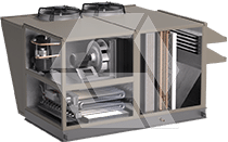 A cutaway view of an HVAC rooftop unit, showing internal components such as fans, coils, and ductwork for heating, ventilation, and air conditioning purposes.