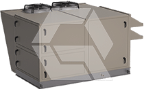 A rectangular industrial HVAC rooftop unit with dual fans on top, metal casing, and side maintenance panels, designed for commercial heating, ventilation, and air conditioning.