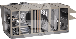 A cutaway view of a commercial rooftop HVAC unit showing internal components such as fans, coils, filters, and ductwork. The unit is beige and rectangular with multiple sections visible.