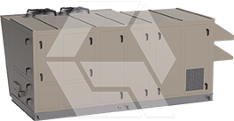 A large, beige commercial HVAC rooftop unit with multiple doors and vents is shown against a light background. The unit sits on a metal base and features vents, handles, and two black fans on the top left side.