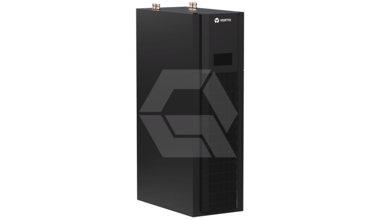A tall, rectangular black electronic device with a front vent, small display, and two connectors on top. The device has a minimalist design and the Vertex logo on the upper front panel.