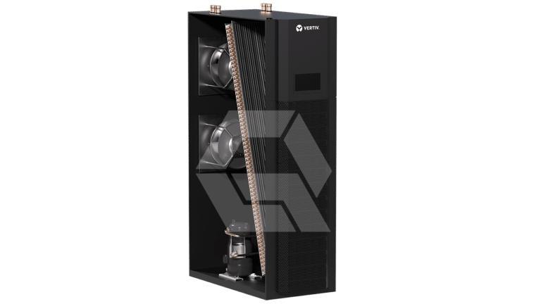A black, rectangular mechanical device with visible cooling fans inside, several copper pipes on top, and a large belt running diagonally across the front. The device has a modern industrial design and the Vertex logo on the front panel.