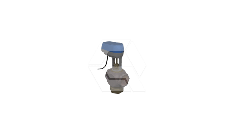 A 3D-rendered image of an industrial valve with a blue actuator on top, black wire attached, and a metallic body, set against a plain white background.
