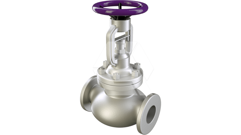 A metallic industrial globe valve with a round purple handwheel and flanged ends, designed for controlling fluid flow in pipelines. The valve body is silver and cylindrical in shape.