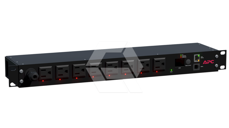 A black APC rack-mounted power distribution unit (PDU) with multiple power outlets, indicator lights, control buttons, and network ports on the front panel.