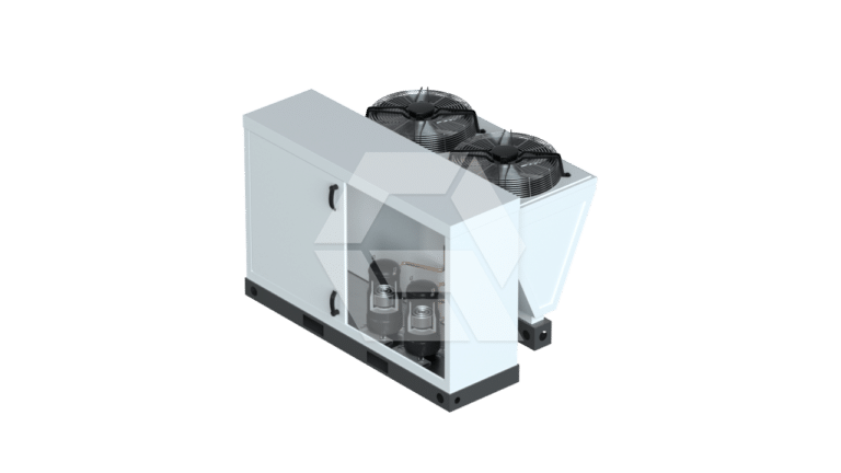 A large industrial HVAC unit features two black cooling fans on top, a white metal body, and a visible compartment showing two compressors inside. The unit sits on a black base against a plain background.
