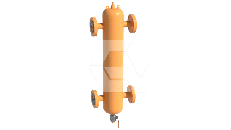 A 3D-rendered image of an orange cylindrical industrial pipe separator with four horizontal flanges and a valve at the bottom, set against a plain white background.