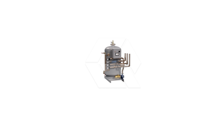 Industrial water heater system with a cylindrical gray tank, multiple copper pipes, valves, and a pump, mounted on a metal frame against a plain white background.