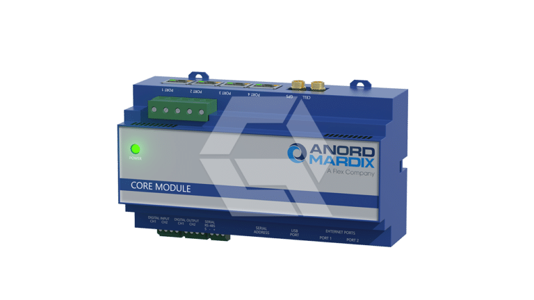A blue Anord Mardix core module device with indicator lights, input/output ports, and labels, displayed on a plain white background. The device has a green power light and company logo on the front.
