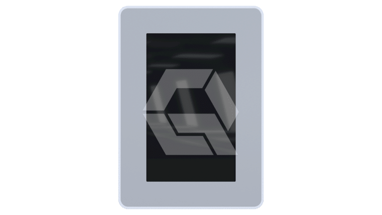 A gray rectangular device with a black screen displays a geometric hexagonal logo made of interconnected shapes. The background is plain white.