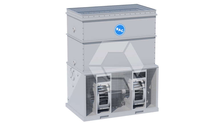 A large industrial cooling tower unit with a BAC logo, metal frame, ventilation grilles, and visible internal fans, set against a plain white background.