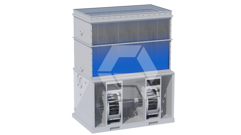 A 3D-rendered image of an industrial air filtration unit with visible filters on the top and two large fans housed in the lower compartment, all encased in a gray metal enclosure.