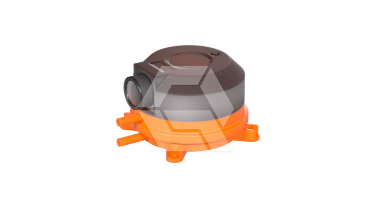 An orange and dark gray plastic valve with multiple side nozzles and a circular top, displayed on a plain light background.
