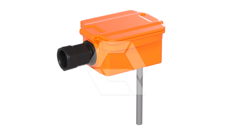 An orange, rectangular electronic sensor device with a black cylindrical connector and a metal rod extending from the bottom, set against a plain white background.