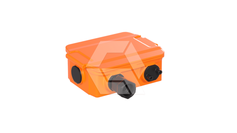 An orange rectangular plastic electrical junction box with two black cable glands and a circular black port on the side, set against a plain white background.