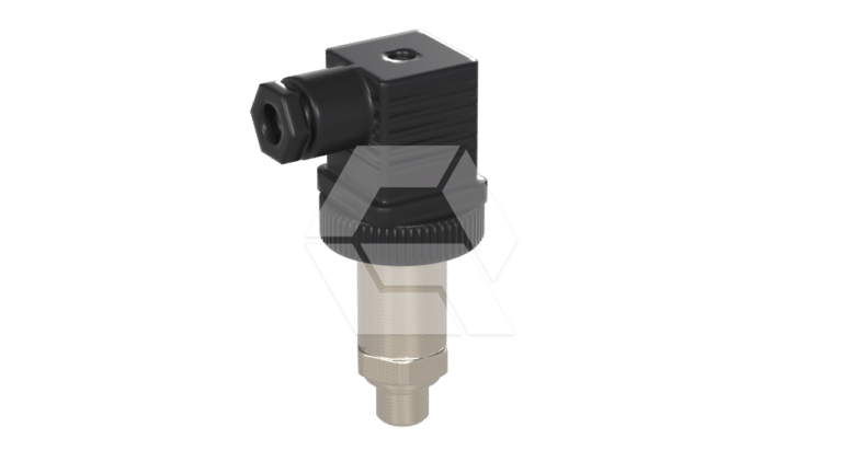 A metallic industrial sensor with a cylindrical body and a black rectangular connector on top, set against a plain white background.