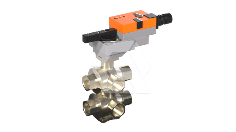 A metallic multi-port valve with four cylindrical openings, topped by an orange and black electronic actuator with a black cable connector and a manual adjustment lever.