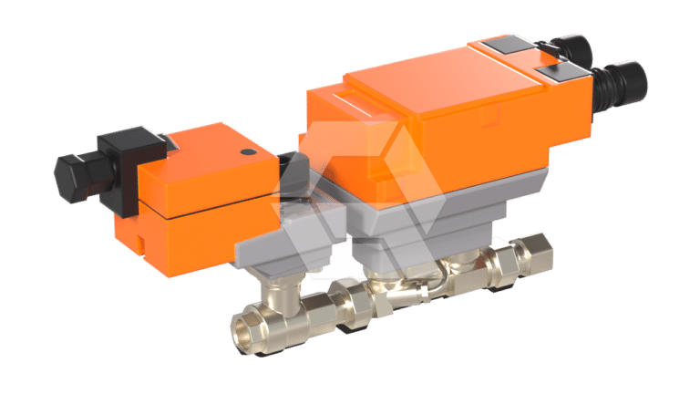 A 3D-rendered image of an orange and black industrial valve actuator mounted on a brass valve assembly, used for controlling fluid flow in piping systems.