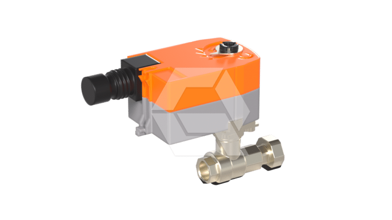 An orange and black electronic valve actuator is mounted on a metallic T-shaped pipe fitting, set against a plain white background.
