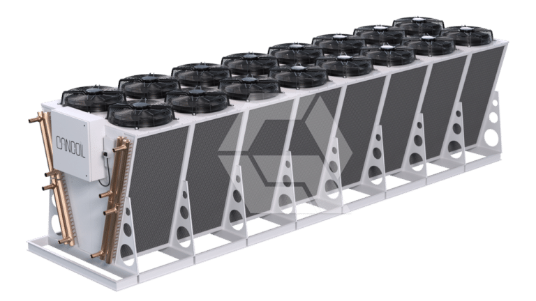 Large industrial cooling unit with multiple black fans on top, angled supporting legs, and labeled “COOL” on a white control box at one end; copper pipes are visible along one side.