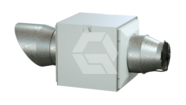 A metal air ventilation unit with a square white central box and two large cylindrical ducts attached on either side, one featuring a visible fan. The background is plain and light.