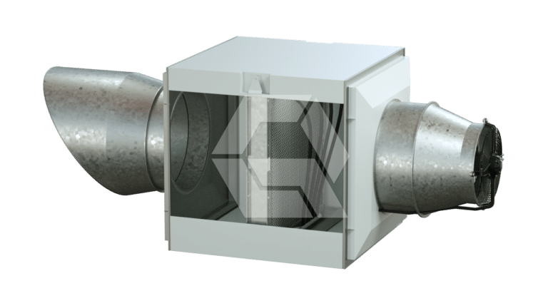 A metal air ventilation unit with cylindrical ducts connected on both sides, featuring a rectangular central filter chamber. The ducts appear to be made of galvanized steel.