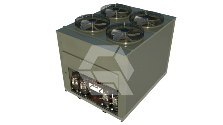 Large industrial HVAC unit with four large fans on top and internal components visible through an access panel on the side. The unit is grey and box-shaped, typically used for air conditioning or refrigeration.