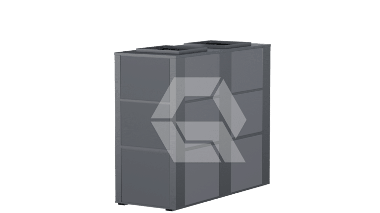A 3D-rendered, rectangular, dark gray industrial unit with two large square openings on top, set against a plain white background.