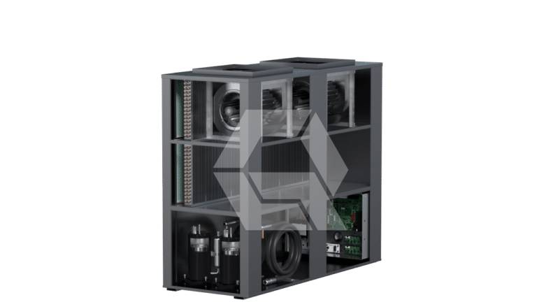 A cutaway view of a large, rectangular HVAC unit showing internal components such as coils, fans, filters, and circuit boards, against a plain white background.