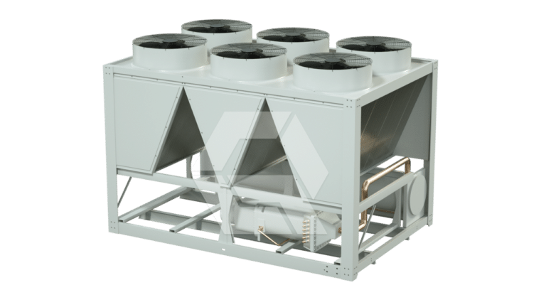 A large industrial HVAC chiller unit with six circular fans on top, metal panels, and visible pipes and components, designed for cooling large buildings or facilities.
