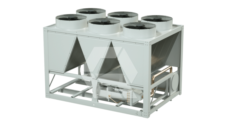 A large industrial HVAC chiller unit with six circular fans on top, metal casing, and visible piping and components inside, set against a plain white background.