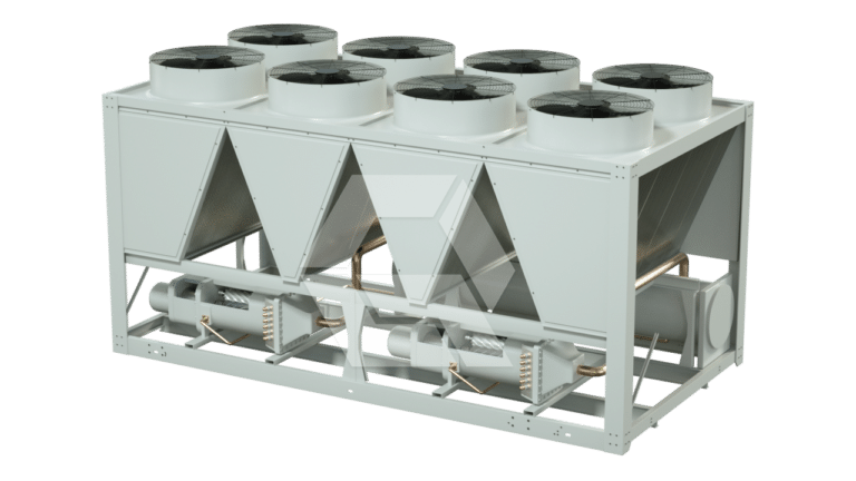 A large industrial air-cooled chiller unit with eight circular fans on top and a metal frame, used for cooling systems in commercial or industrial buildings.