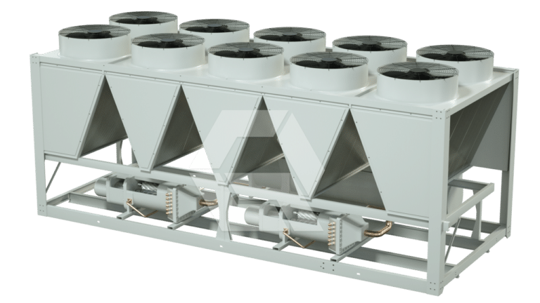 Large industrial HVAC chiller unit with multiple fans on top, triangular vented panels on the side, and exposed piping and components at the base, used for cooling large commercial buildings.