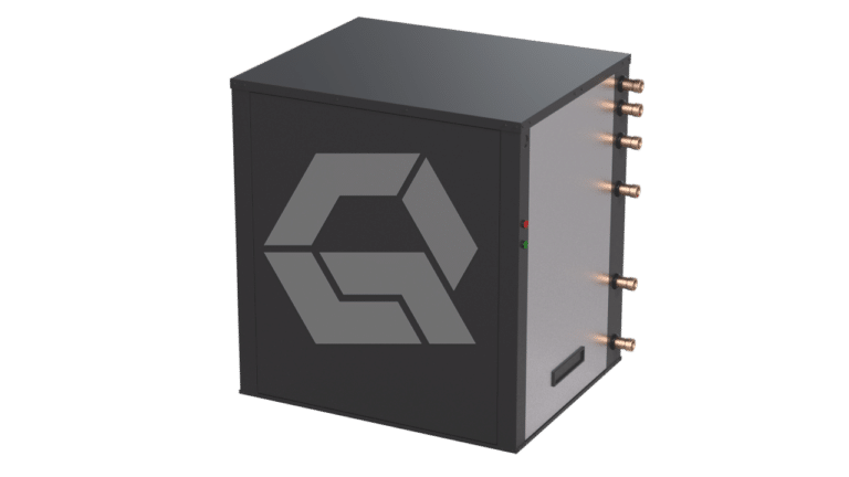 A black, cube-shaped industrial unit with a geometric logo on the front and several copper pipes protruding from one side, along with two small indicator lights and a rectangular vent.