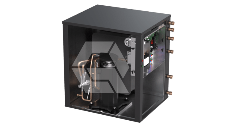 A partially enclosed metal unit showing internal components, including a compressor, copper pipes, and electronic circuitry, likely part of an HVAC or refrigeration system, against a plain white background.