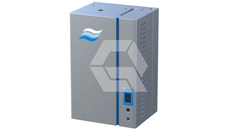 A silver rectangular electronic device with vents on the sides, a small display screen, buttons, and a blue wave logo on the front. The device has a modern, industrial design.