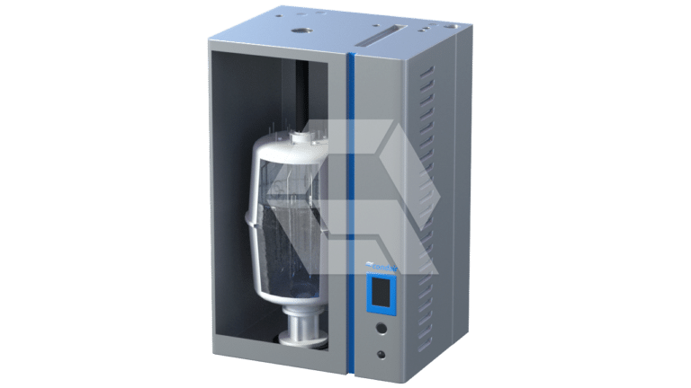 A metallic, box-shaped laboratory device with a transparent side panel reveals an internal cylindrical mechanism. The front features a small display screen and control buttons on a grey casing.