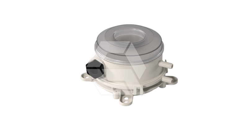 A round, white plastic mechanical component with a metallic-looking center, small protruding nozzles, and mounting holes, viewed against a plain white background.