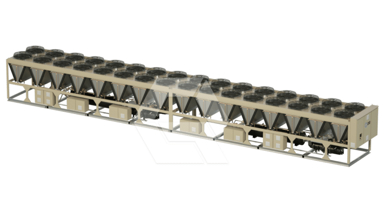 A large industrial air-cooled chiller unit with multiple fans on top, beige metal casing, and complex piping and components visible along the sides, set against a plain white background.